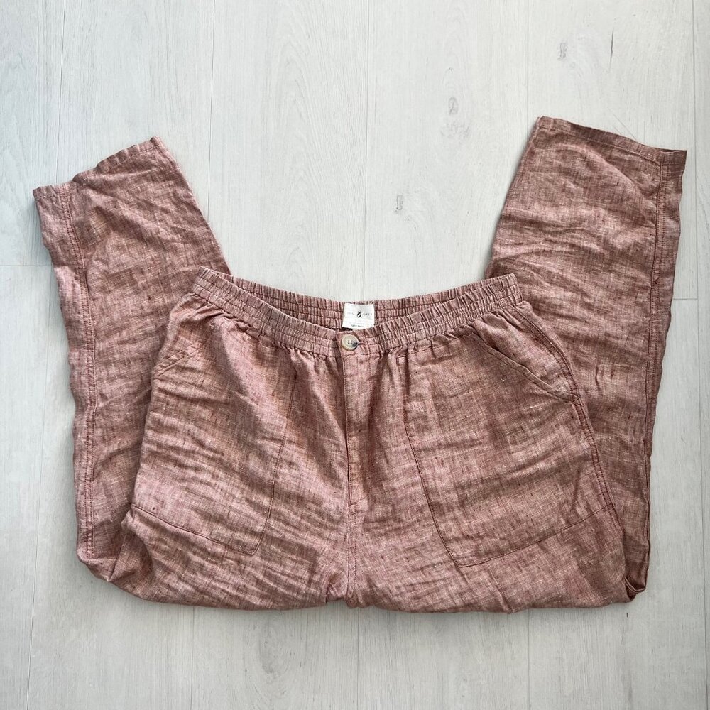 Lou & Grey linen pants elastic waist pull on sz L brown